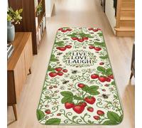 Strawberries Runner Rug, Botanical Rustic Flowers Vines Summer Red Low Pile Sponge Aesthetic Doormat Rectangle Accents Rug for Kitchen Entryway Bathroom Doorway Decor 2x3 Ft