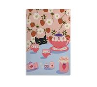Strawberries Tea Cat Painting Canvas Wall Art Posters: Aesthetic Prints for Bedroom, Dorm Room Decor 08x12inch(20x30cm)