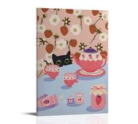 Strawberries Tea Cat Painting Canvas Wall Art Posters: Aesthetic Prints for Bedroom, Dorm Room Decor 24x36inch(60x90cm)