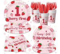 Strawberry 1st Birthday Decorations for Girls,Berry First Birthday Tableware Party Supplies,Strawberry Sweet One Themed Decor Disposable Plates,Napkins,Cups,Forks Knives,Serve 24