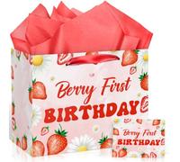 Strawberry 1st Birthday Gift Bag Berry First Birthday Supplies Sweet One Gift Bag with Wrapping Paper and Card Strawberry Wrapping Paper Bag for Baby Girl Baby Shower Party Decorations