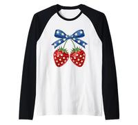 Strawberry American Flag Bow Coquette Style Design Raglan Baseball Tee