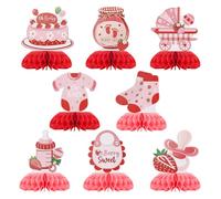 Strawberry Baby Shower Decorations, 8pcs 3D Strawberry Honeycomb Centerpieces Double-Sided Table Toppers Sweet Berry Baby Shower Decorations and Fruit Themed Party Favors Supplies