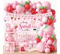 Strawberry Baby Shower Decorations, A Berry Sweet Baby Is On The Way Party Supplies, It's a Girl Gender Reveal, Backdrop Balloon Arch Box Mom to Be Sash Dad to Be Pin Tablecloths Cake Topper
