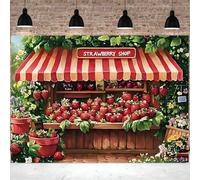 Strawberry Backdrop Red White Striped Sunshade Large Strawberry Green Leaf Wall Background Party Decorations for 1st Birthday Boy Girl Kids Baby Shower Decorations Photo Props (B, 7X5FT)