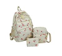 Strawberry Backpack Set for Girls, Aesthetic Nylon Rucksack with Large Capacity, Floral Print Cute Schoolbag for Teenage College and Primary Secondary Students