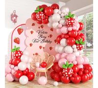 Strawberry Balloon Arch Garland Kit, Red and Hot Pink Balloons with Strawberry Printed and Green Long Latex Balloons for Girls Sweet One Berry First Birthday Baby Shower Princess Decoration Supplies