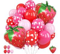 Strawberry Balloons, 12 Inch Red Macaron Pink Hot Pink Dot Balloons with Strawberry Foil Balloon for Sweet Girl Berry-Themed Baby Shower Birthday Valentines Day Summer Party Decorations