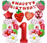 Strawberry Balloons Decoration 1st Birthday Girl - Pack of 39 Strawberry Decoration, Happy Birthday Banner, Red Foil Balloon Number 1, Cute Strawberry Daisy Balloons for Girls Sweet First Birthday