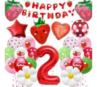 Strawberry Balloons Decoration 2nd Birthday Girl - 39 Pieces Strawberry Decoration, Happy Birthday Banner, Red Foil Balloon Number 2, Cute Strawberry Daisy Balloons for Girls Sweet 2nd Birthday