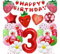 Strawberry Balloons Decoration 3rd Birthday Girl - Pack of 39 Strawberry Decoration, Happy Birthday Banner, Red Foil Balloon Number 3, Cute Strawberry Daisy Balloons for Girls Sweet 3rd Birthday