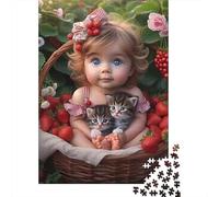 Strawberry Basket Baby Kittens1000 Piece Thick Cardboard Cute Baby Jigsaw Puzzle Multi Pack Adults Kids Challenging Difficult Brain Teaser Home Leisure Activity Gift 70x50cm/1000pcs