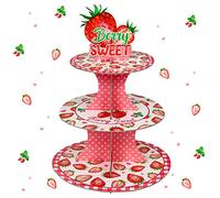 Strawberry Birthday Party Supplies - 3 Tier Round Cardboard Cupcake Stand, Strawberry Themed Dessert Tower Stand, Cupcake Holder Stand for Sweet One Birthday Party Decorations Strawberry