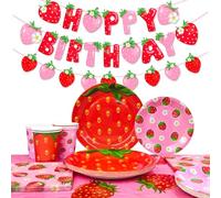 Strawberry Birthday Tableware, For 16 Strawberry Party Tableware Set - Strawberry Birthday Party Plates Napkins Cups Tablecloth etc Strawberry Baby Shower Tableware for Strawberry Birthday Decorations