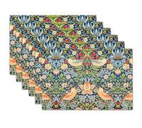 Strawberry Blue Green Pimpernel Placemats Set of 6 Chinoiserie Floral Bird Colorful Linen Washable Table Mats Stain Heat-Resistant Desktop Decor Place Mats for Home Kitchen Dining Party 12x18 inches
