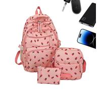 Strawberry Bookbag, Bookbag Set with Pen Purse & Shoulder Pouch, Cute Strawberrys Backpack to Girls, Boys, Ideal for School, Daily Commute, Trips, Camping, Preschool, Black, White and Pink Color