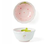 Strawberry Bowl Ceramic Plate Set, Cute Tableware, Rice, Soup, Rectangular and Round Cups with Two Handles, Spoons, Sauce Cups, Large Bowl with Two Handles for Air Fryer and Dumplings (12.7 cm Bowl)