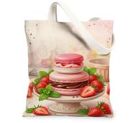 Strawberry Cake Dessert Art Macarons Canvas Tote Bag 13x15 Inch, Pink, 13x15 Inch