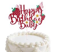 Strawberry Cake Topper, Glitter Berry Happy Birthday Cake Decorations with Flower and Butterfly Element for Strawberry Theme Kids Birthday Party Baby Shower Supplies(Red)
