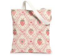 Strawberry Canvas Tote Bag for Women, Spring Fanciful Heart Bow Spring Peach Washable Reusable Everyday Tote Bag Ideas for, Peach, 13x15 Inch