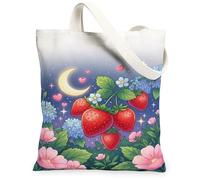 Strawberry Canvas Tote Bag for Women, Spring Fanciful Moon Flower Spring Red Washable Reusable Market Tote Ideas for Travel, Red, 13x15 Inch