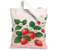 Strawberry Canvas Tote Bag for Women, Spring Floral Flower Leaf Spring Red Washable Reusable Market Tote Ideas for Shopping Trips Office Library Casual 13x15 Inch