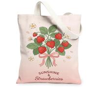 Strawberry Canvas Tote Bag for Women, Spring Floral Flower Ribbon Spring Peach Washable Reusable Market Tote Bags Ideas for, Peach, 13x15 Inch