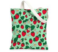 Strawberry Canvas Tote Bag for Women, Summer Playful Chrysanthemum Leaf Summer Green Washable Reusable Aesthetic Tote Bag for Shopping Brunch Park Library Day Trips 13x15 Inch