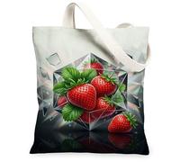 Strawberry Canvas Tote Bag for Women, Summer Realistic Crystal Leaf Summer Red Washable Reusable Shopping Bag Ideas for Fam, Red, 13x15 Inch