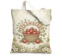 Strawberry Canvas Tote Bag for Women, Vintage Botanical Basket Flowers Summer Green Washable Reusable Everyday Tote Bag Ideas for Outdoor Travel Workday Reading 13x15 Inch