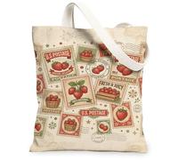 Strawberry Canvas Tote Bag for Women, Vintage Rustic Postage Stamp Basket Summer Red Washable Reusable Grocery Bag Ideas for Shopping Trips Office Library Casual 13x15 Inch