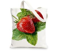 Strawberry Canvas Tote Bags, Eco-Friendly Fruit Design Reusable Grocery Bags, Chic Modern Lightweight Washable Shoulder Tot, White, 13x15 Inch