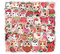 Strawberry Cat Stickers 50 Pcs Waterproof Cute Cartoon Animals Cat Sticker for Laptop Water Bottle Skateboard Scrapbook Luggage Bumper Bike Car,Vinyl Funny Fruit Stickers for Girl Teens