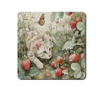 Strawberry Cat Washer Dryer Top Protector Mat, Vintage Floral Cat Design, Spring Butterflies Rubber Anti-slip Waterproof Washer And Dryer Mats for Laundry Room 24x24 Inch