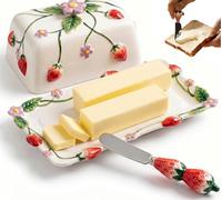 Strawberry Ceramic Butter Dish with Lid & Stainless Steel Knife - 3D Relief Design, White Covered Butter Holder for Countertop, Keeps Butter Soft & Fresh, Durable Home Kitchen Decor