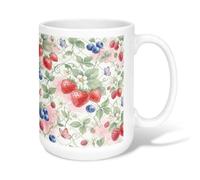 Strawberry Ceramic Coffee Mug, Floral Fanciful Blueberry Flower Summer Red Novelty Hot Chocolate Mug with Handle Ideal for Friends Family Lovers Eldership Senior Co-Worker 15 Oz