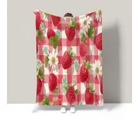 Strawberry Checkerboard Flannel Fleece Throw Blanket Soft Cozy Country Floral Print Lightweight Comfy Warm Travel Blankets For Bed Couch Sofa Office Fit All Season, 60"X80", Pink And White