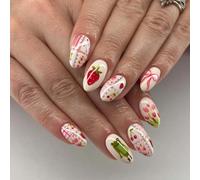 Strawberry Cherry Tulip Frog Design Short Oval Press on Nails - 24PCS Full Cover Glossy False Nails with Pink Bow Floral Patterns for Women Girls, Bright Colourful Patterns, Easy Application,