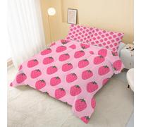 Strawberry Coverless Duvet Single 7.5 Tog, Fruit Soft Hypoallergenic Quilt for Kids Boys Girls, Pink Green Lightweight Comforter Set for All Seasons, Easy Care Bedding Single Bed Size R&182