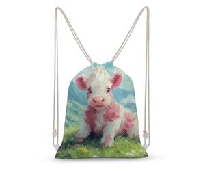 Strawberry Cow Sitting Grassy Field Men Drawstring Bags Backpack 30x40cm