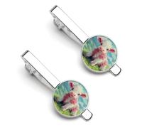 Strawberry Cow Sitting on Grassy Field Men's Tie Clips Necktie Bar Pinch Clip Set of 2 Formal Business Wedding Accessories