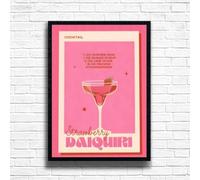 Strawberry Daiquiri - Vintage Cocktail Print, Home Bar Art Display - Retro Bar Decor for Home, Kitchen, Lounge - Ideal Poster Cocktail Lovers, A4 A3 Home Decoration Wall Art Deco (A4 Framed (Black))
