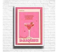 Strawberry Daiquiri - Vintage Cocktail Print, Home Bar Art Display - Retro Bar Decor for Home, Kitchen, Lounge - Ideal Poster Cocktail Lovers, A4 A3 Home Decoration Wall Art Deco (A3 Framed (White))