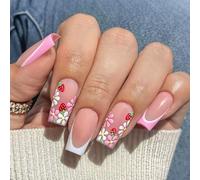Strawberry Daisy French Press On Nails - 24PCS Square Shape with Glossy Pink and White French Tips - Cute Strawberry and Daisy Design False Nails for Women for Daily Wear Summer and Parties