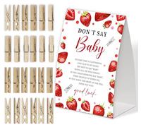 Strawberry Don't Say Baby Game for Baby Shower, Pack of One 5x7 Sign and 50 Mini Natural Clothespins, Berry Sweet Baby Shower Decoration, Gender Neutral Party Supplies - SC12