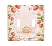 Strawberry Double Light Switch Cover Plate, Fanciful Rustic Bee Flower Summer Peach Plastic Standard Size Decorative Wall Plates for Bedroom Bathroom Kitchen Entrance Decor