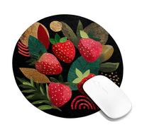 Strawberry Floral Desk Mouse Pad, Red Green Abstract Fruits Stitched Edge Mousepad, Rubber Non-Slip Washable Gaming Mouse Pad for Summer Home and Office, Modern Style Round 8x8 Inch