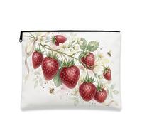 Strawberry Floral Makeup Bag, Vintage Botanical Cosmetic Pouch for Women, Portable Canvas Zipper Organizer, Spring Travel Toiletry Bag, Red, 7x9 Inch, Strawberry