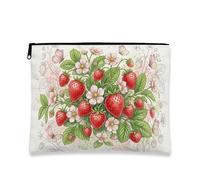 Strawberry Floral Makeup Bag, Vintage Botanical Cosmetic Travel Pouch for Women, Portable Canvas Zipper Organizer, Spring Skincare Toiletry Bag, Red, 7x9 Inch, Strawberry