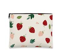 Strawberry Floral Makeup Bag, Vintage Cosmetic Travel Pouch for Women, Portable Small Canvas Zipper Organizer, Spring Skincare Toiletry Bag, Cream, 7x9 Inch, Strawberry